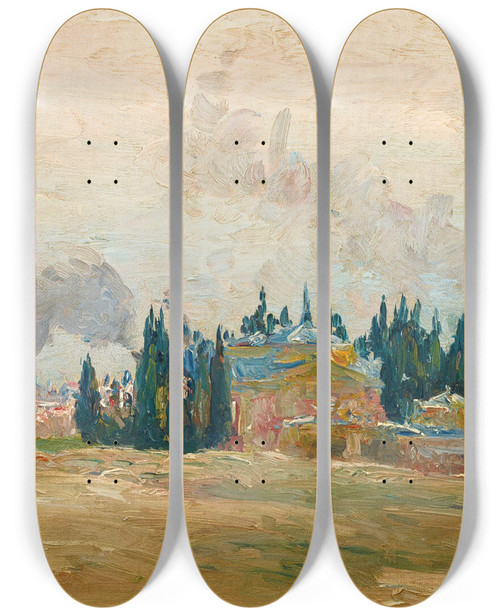 Triptych art skateboard deck of Aureliano De Beruete Alrededores De Madrid On The Outskirts Of Madrid by Aureliano De Beruete (1845-1912)