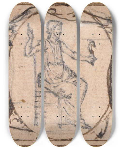Triptych art skateboard deck of Hubertfranois Gravelot Design For A Vignette Seated Classical Figure by Hubert-Franois Gravelot (1699-1773)
