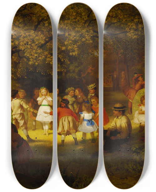 Triptych art skateboard deck of John George Brown Picnic Party In The Woods by John George Brown (1831-1913)