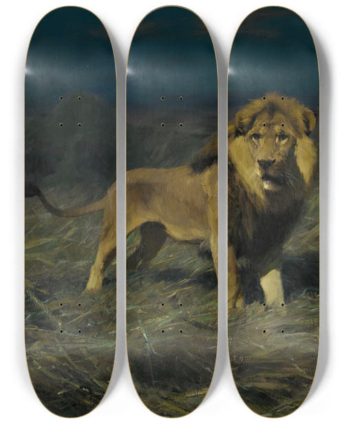 Triptych art skateboard deck of Wilhelm Kuhnert Auf Der Suche Nach Beute In Search Of Prey by Wilhelm Kuhnert (1865-1926)