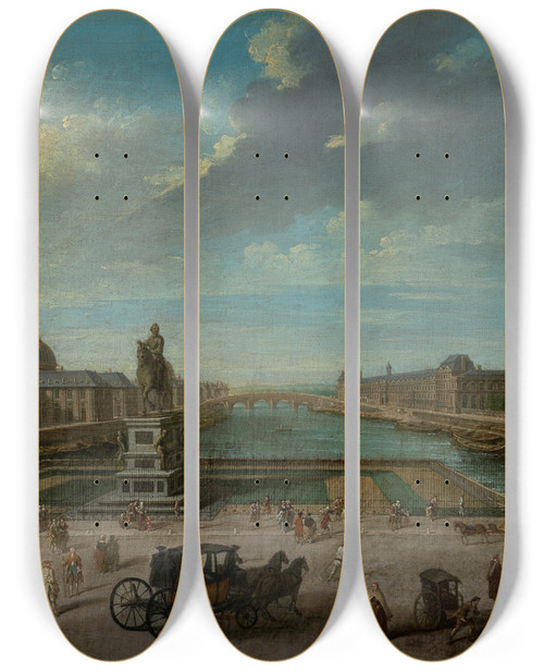 Triptych art skateboard deck of Nicolas Jeanbaptiste Raguenet A View Of Paris From The Pont Neuf by Nicolas Jean-Baptiste Raguenet (1715-1793)