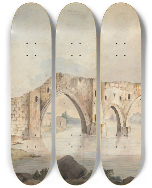 Triptych art skateboard deck of Willey Reveley Ruined Bridge With Four Pointed Arches Near Rome by Willey Reveley (1760-1799)