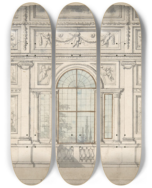 Triptych art skateboard deck of Pierre Nicolas Ransonnette Design For An Architectural Interior by Pierre Nicolas Ransonnette (1745-1810)