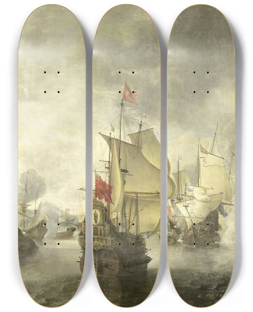 Triptych art skateboard deck of Abraham Beerstraaten Battle Of The Combined Venetian And Dutch Fleets Against The Turks In The Bay Of Foya 1649 by Abraham Beerstraaten (1643-1670)