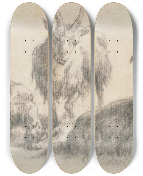 Triptych art skateboard deck of Marcus De Bye Ram Ewe And Kid by Marcus de Bye (1638-1688)