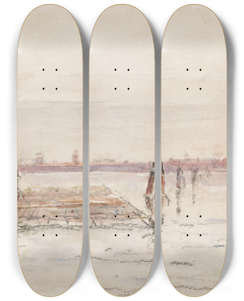 Triptych art skateboard deck of Carel Nicolaas Storm Van Sgravesande Gezicht Op Veneti Vanaf Het Water Met Op De Voorgrond In Het Water Een Houten Vlot by Carel Nicolaas Storm van 's-Gravesande (1841-1924)