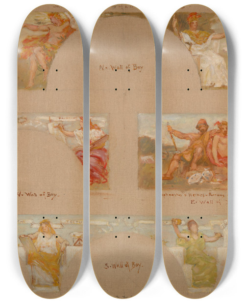 Triptych art skateboard deck of Kenyon Cox Sketches For A Decoration Of A Private Library B by Kenyon Cox (1856-1919)