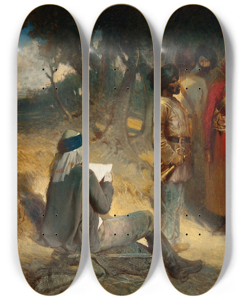Triptych art skateboard deck of Egron Lundgren Examining The Spy Motif From The Indian Mutiny by Egron Lundgren (1815-1875)