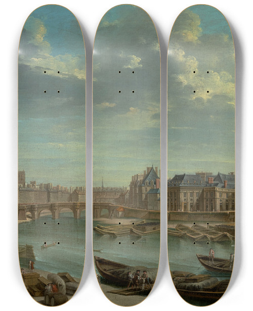 Triptych art skateboard deck of Nicolas Jeanbaptiste Raguenet A View Of Paris With The Ile De La Cit by Nicolas Jean-Baptiste Raguenet (1715-1793)