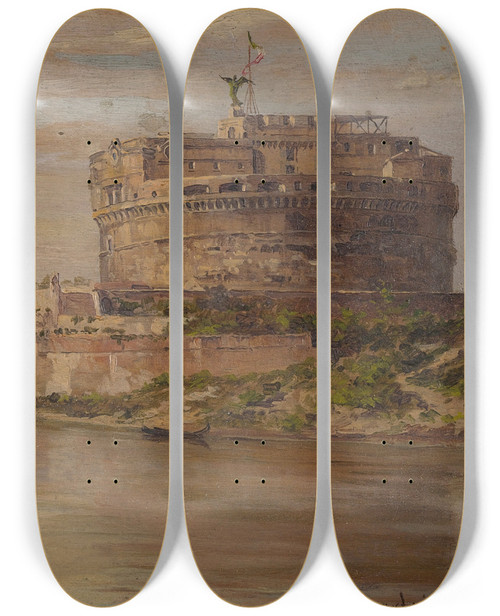 Triptych art skateboard deck of Antonietta Brandeis A View Of The Tiber With Castel Sant Angelo And St Peters by Antonietta Brandeis (1848-1926)