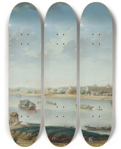 Triptych art skateboard deck of Nicolas Jeanbaptiste Raguenet La Salptrire Vue De La Rape by Nicolas Jean-Baptiste Raguenet (1715-1793)