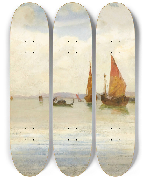 Triptych art skateboard deck of Vincenzo Cabianca On The Lagoon Venice by Vincenzo Cabianca (1827-1902)