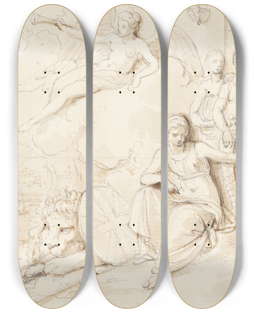 Triptych art skateboard deck of Robert Smirke An Allegory Of Britains Mercantile Power by Robert Smirke (1752-1845)