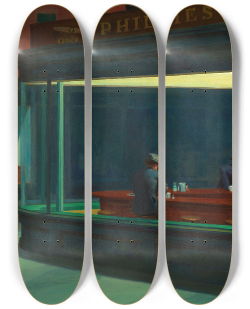 Triptych art skateboard deck of Edward Hopper Nighthawks by Edward Hopper (1882-1967)