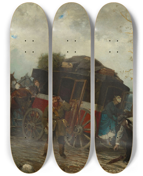 Triptych art skateboard deck of Alfred Von Wieruszkowalski Travel Accident by Alfred Von Wierusz-Kowalski (1849-1915)