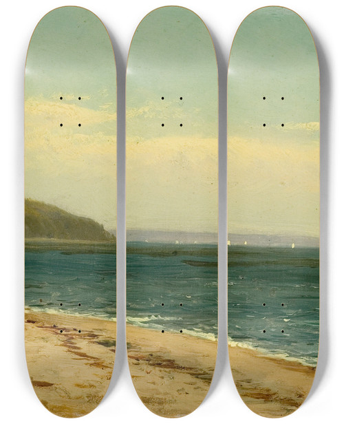 Triptych art skateboard deck of Alfred Thompson Bricher Beach And Bay With Sailboats by Alfred Thompson Bricher (1837-1908)