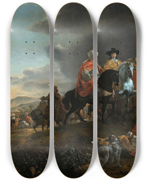 Triptych art skateboard deck of Jan Weenix The Dutch Ambassador On His Way To Isfahan by Jan Weenix (1641-1719)