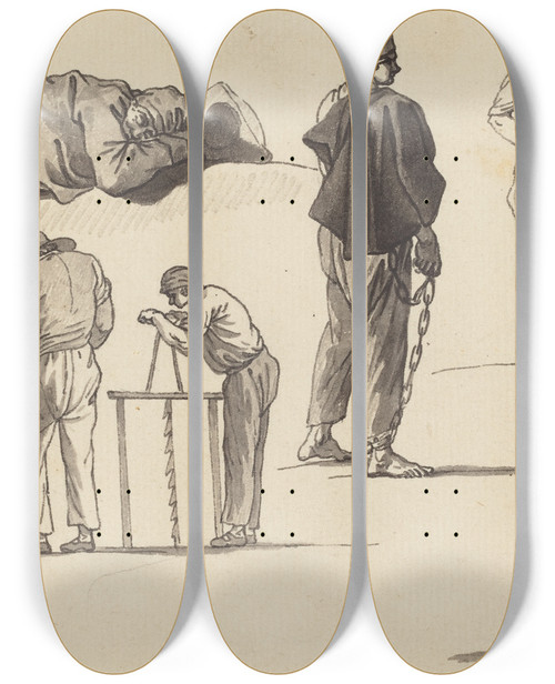 Triptych art skateboard deck of Claudejoseph Vernet Figure Studies Including One Man Sleeping On The Ground And Two Men Sawing by Claude Joseph Vernet (1714-1789)