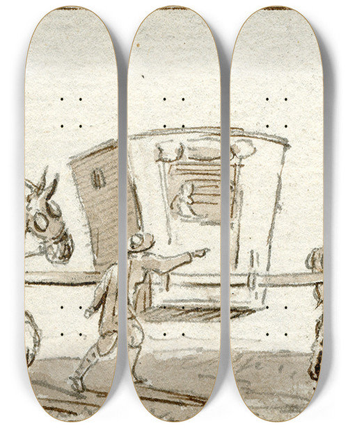Triptych art skateboard deck of Otto Howen Draagstoel Tussen Twee Paarden by Otto Howen (1774-1848)