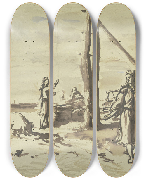 Triptych art skateboard deck of Wilhelm Amandus Beer Drawing Well In Landscape by Wilhelm Amandus Beer (1837-1907)