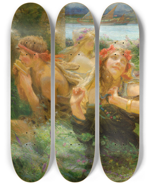 Triptych art skateboard deck of Charles William Wyllie On The Way To The Festival by Charles William Wyllie (1859-1923)