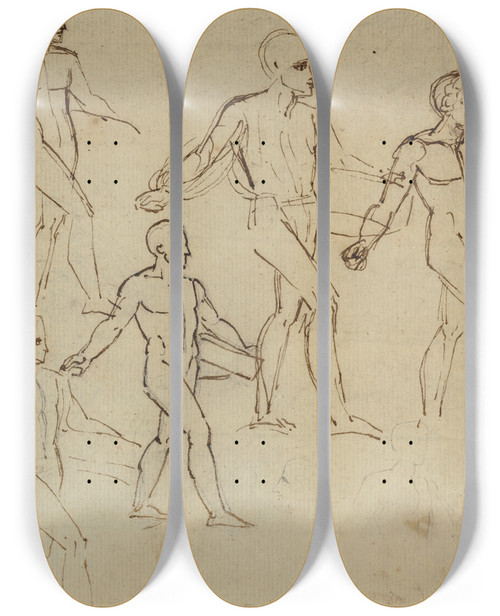 Triptych art skateboard deck of Thomas Stothard Studies Of A Sower Illustration For Thomsons Seasons by Thomas Stothard (1755-1834)