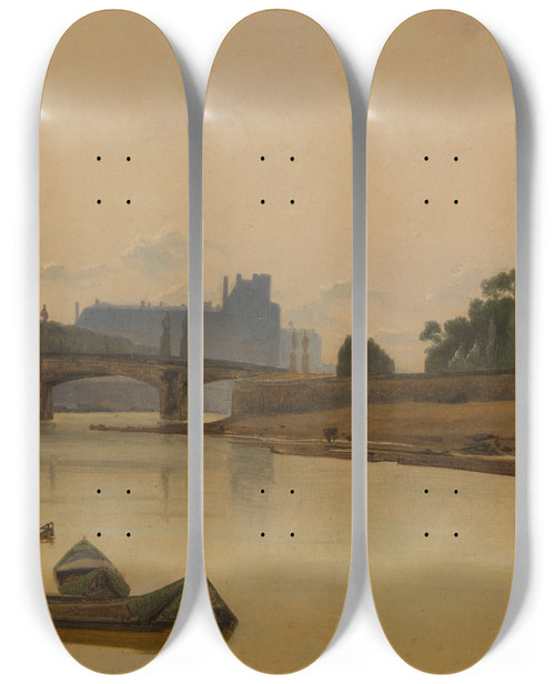 Triptych art skateboard deck of Prosper Barbot Le Pont De La Concorde Vu Du Quai De La Confrence by Prosper Barbot (1798-1878)