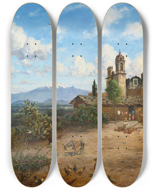 Triptych art skateboard deck of August Lhr El Valle De Mxico by August Lohr (1842-1920)