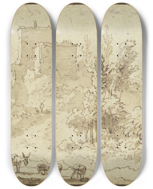 Triptych art skateboard deck of Nicolaes Pietersz Berchem Burgruine Vorne Ein Hirte Mit Eseln Und Schafen by Nicolaes Pietersz Berchem (1620-1683)