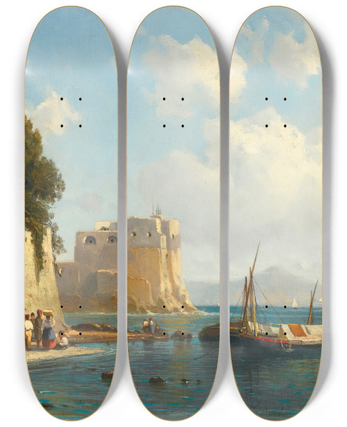 Triptych art skateboard deck of Alexei Petrovich Bogoliubov Coastline Near Sorrento by Alexey Petrovich Bogolyubov (1824-1896)