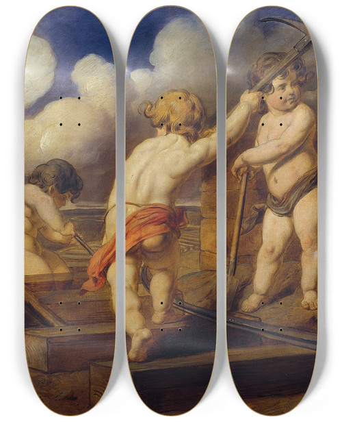 Triptych art skateboard deck of Hans Canon Putting While Building A Railway by Hans Canon (1829-1885)