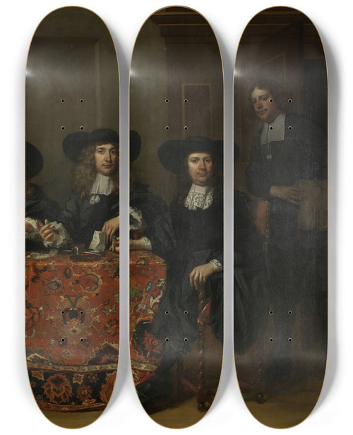 Triptych art skateboard deck of Pieter Van Anraedt Six Regents And The Housemaster Of The Oude Zijds Institute For The Outdoor Relief Of The Poor Amsterdam 1675 by Pieter Van Anraedt (1635-1678)