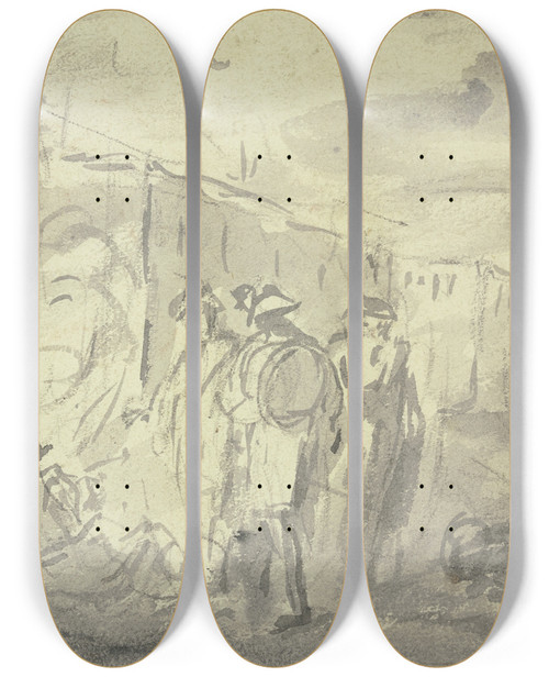Triptych art skateboard deck of Joseph Parrocel Soldaten Um Ein Lagerfeuer by Joseph Parrocel (1646-1704)