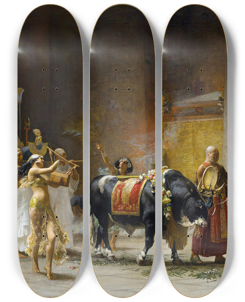 Triptych art skateboard deck of Frederick Arthur Bridgman The Procession Of The Bull Apis by Frederick Arthur Bridgman (1847-1928)