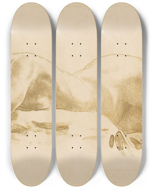 Triptych art skateboard deck of Huib Luns Vooroverliggende Naakte Vrouw by Huib Luns (1881-1942)