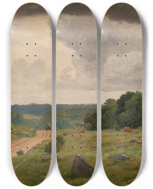 Triptych art skateboard deck of P C Skovgaard Landscape At Kongens Mller Sealand Afternoon Light by P C Skovgaard (1817-1875)