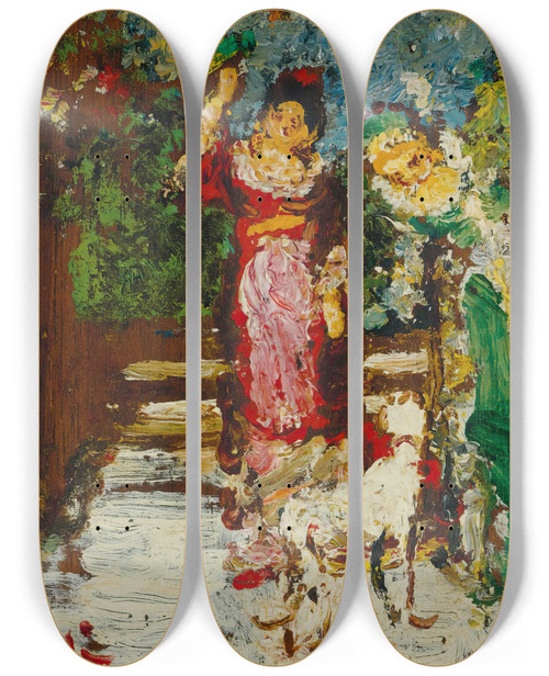 Triptych art skateboard deck of Adolphe Monticelli Deux Femmes Et Chien by Adolphe Monticelli (1824-1886)