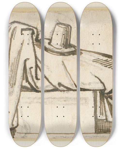 Triptych art skateboard deck of David Humbert De Superville Resting Man Lying On His Back A Hat Over His Groin by David Humbert De Superville (1770-1849)