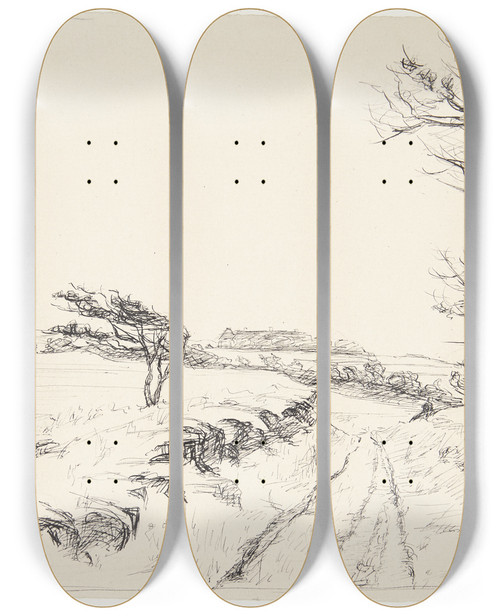 Triptych art skateboard deck of Johanne Krebs Landskab Breininggaard by Johanne Krebs