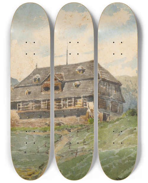 Triptych art skateboard deck of Friedrich Carl Von Scheidlin View Of St Johann by Friedrich Carl Von Scheidlin (1822-1913)