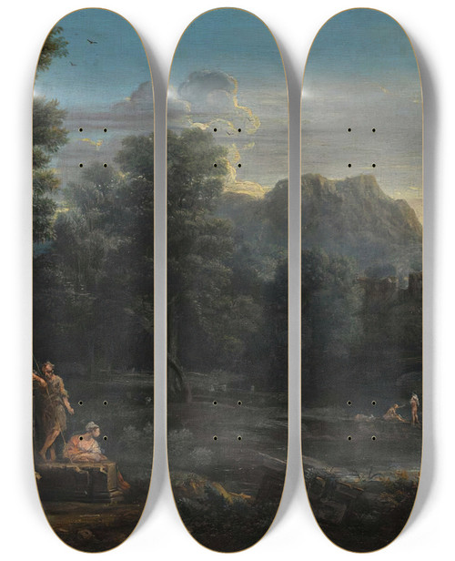 Triptych art skateboard deck of John Wootton A Wooded Classical Landscape With Figures Resting In The Foreground And Bathing In The River A Town Beyond by John Wootton (1686-1765)