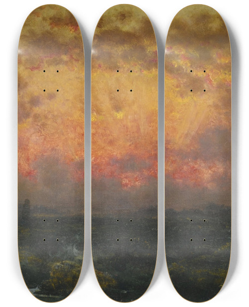 Triptych art skateboard deck of Martin Johnson Heade Sunset On The Coast Florida Sunset View Of New York Harbor by Martin Johnson Heade (1819-1904)