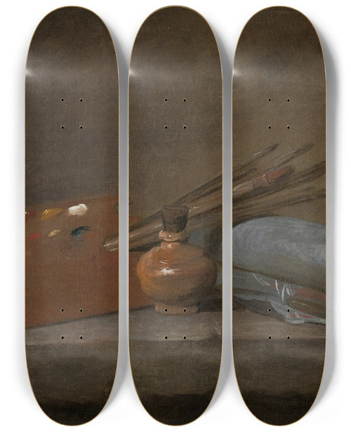 Triptych art skateboard deck of Jean Simon Chardin Attributes Of The Painter by Jean Simeon Chardin (1699-1779)