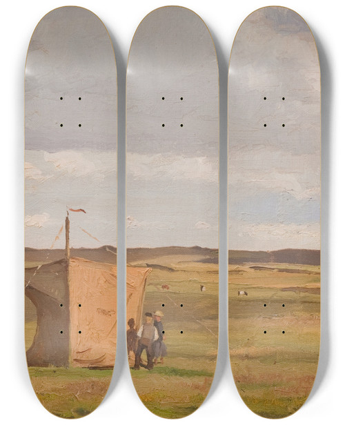 Triptych art skateboard deck of Hans Smidth The Artists Shelter On The Moors In Jutland by Hans Smidth (1839-1917)