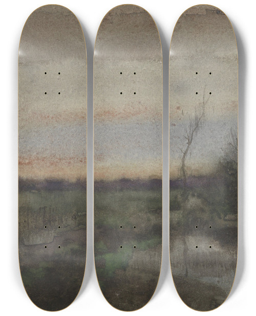 Triptych art skateboard deck of Geo Poggenbeek Moeraslandschap Met Zonsondergang by Geo Poggenbeek (1853-1903)