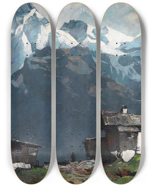 Triptych art skateboard deck of Oskar Mulley Bergbauernhof_1 by Oskar Mulley (1891-1949)
