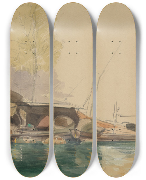 Triptych art skateboard deck of James Holland Barges On A Canal In Rotterdam by James Holland (1800-1870)