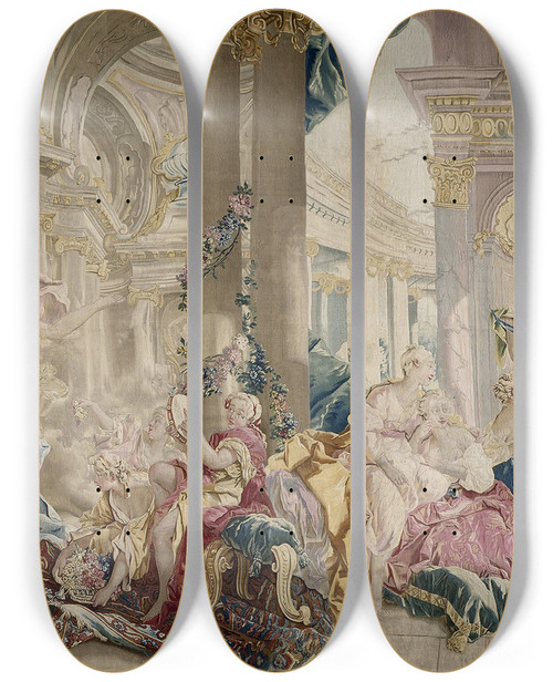Triptych art skateboard deck of Franois Boucher Psych Conduite Par Zphyr Dans Le Palais De Lamour Psych Montrant Ses Richesses Ses Soeurs by Francois Boucher (1703-1770)