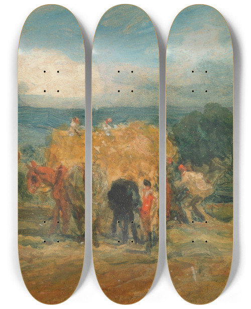 Triptych art skateboard deck of James Ward A Harvest Scene With Workers Loading Hay On To A Farm Wagon by James Ward (1769-1859)
