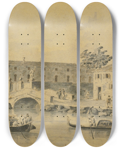 Triptych art skateboard deck of Giacomo Guardi A View Of The River Brenta With The Burchiello by Giacomo Guardi (1764-1835)